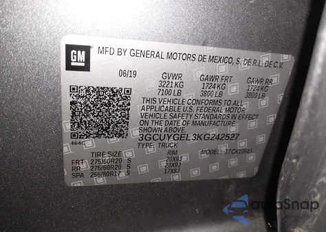 2019 Chevrolet Silverado 1500 Ltz из США, поврежденный, VIN 3GCUYGEL3KG242527